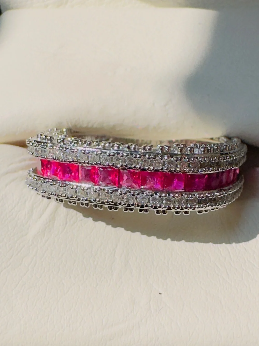 Silver-Tone Pink Crystal Multi-Row Ring